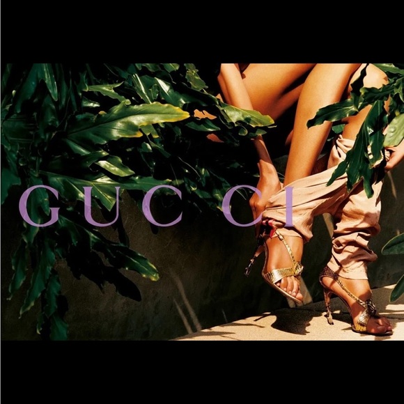 GUCCI x TOM FORD VINTAGE GOLD EMERALD enamel SNAKE HEAD SANDALS. - Picture 10 of 12